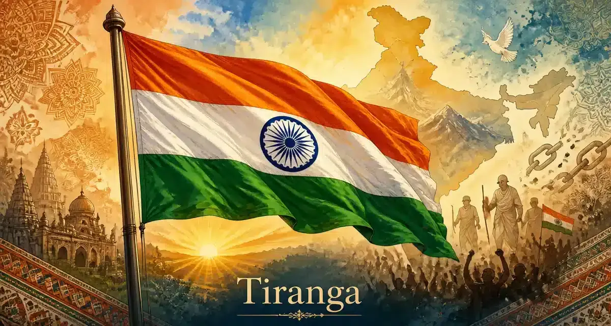 Drapeau indien avec montagnes et symboles culturels.