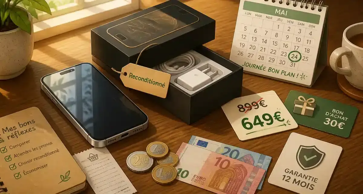 Téléphone reconditionné avec accessoires et offres.