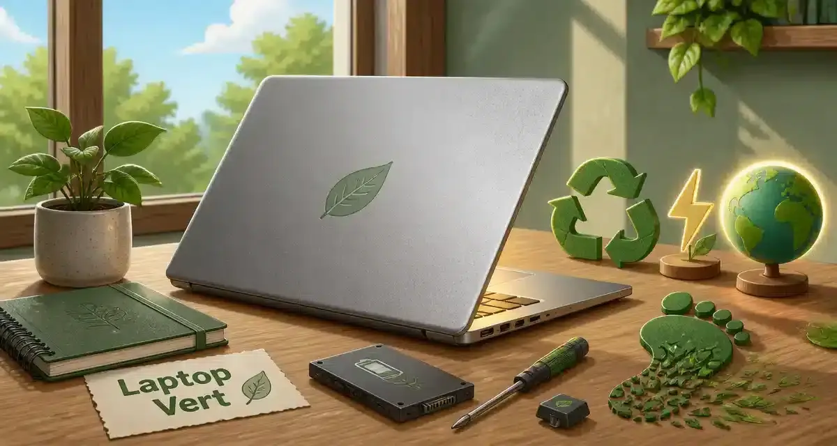 Ordinateur portable vert avec des accessoires écologiques.