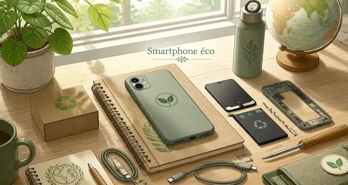 Smartphone éco avec accessoires durables sur bureau