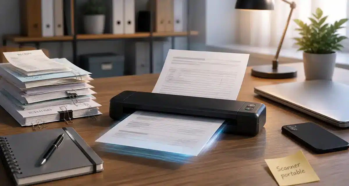Scanner portable sur un bureau avec documents.