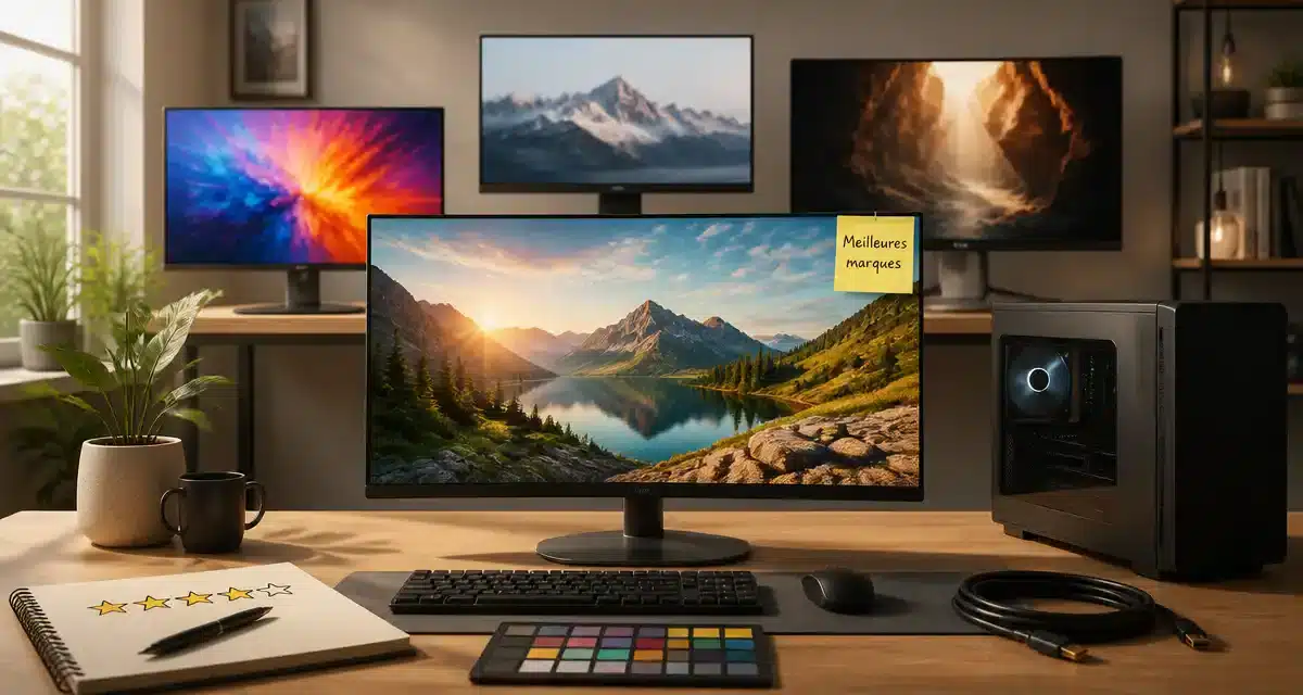 Bureau avec écran et paysage montagneux lumineux