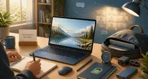 Bureau avec ordinateur et matériel de travail