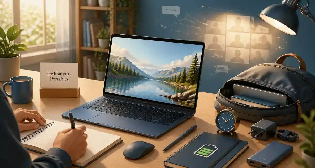 Bureau avec ordinateur et matériel de travail