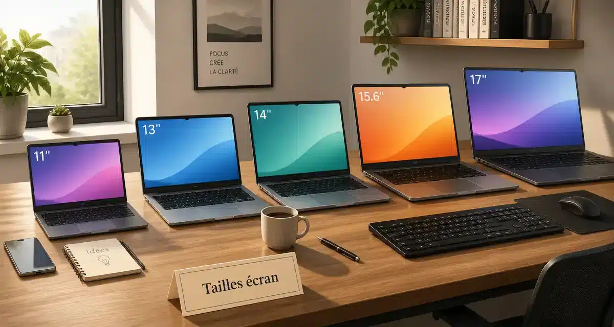 Différents ordinateurs portables avec tailles d'écran variées.