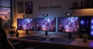 Bureau de jeu avec trois écrans et accessoires