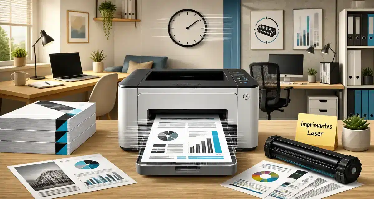 Imprimante laser avec documents en cours d'impression.
