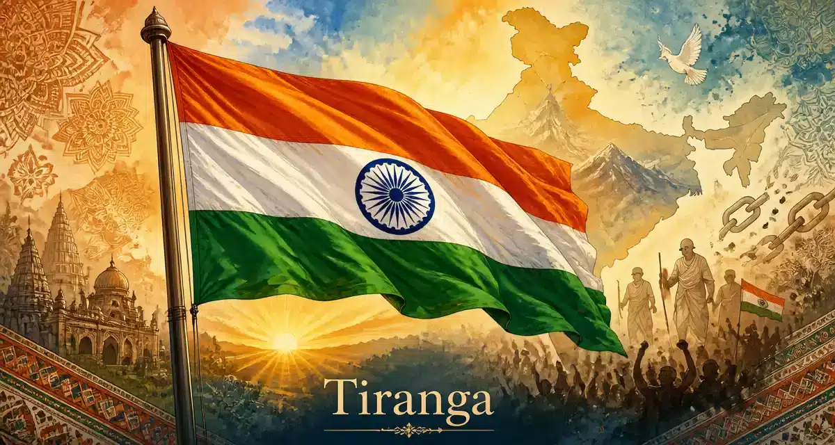 Drapeau indien avec montagnes et symboles culturels.