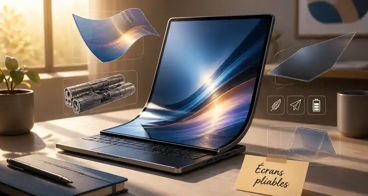 Ordinateur portable avec écran pliable et accessoires.