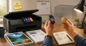 Imprimante avec cartouches et documents sur la table