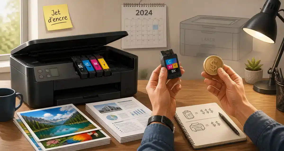 Imprimante avec cartouches et documents sur la table
