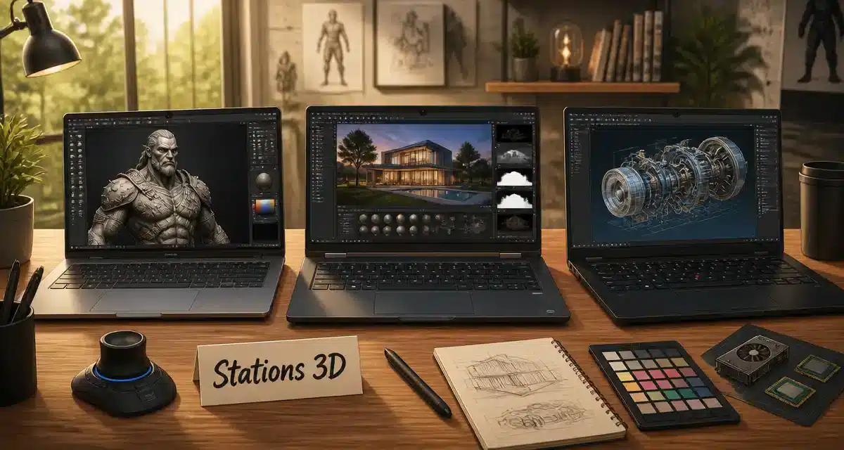 Trois ordinateurs portables pour la création 3D.