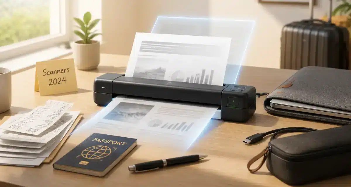 Scanner portable sur un bureau avec documents.