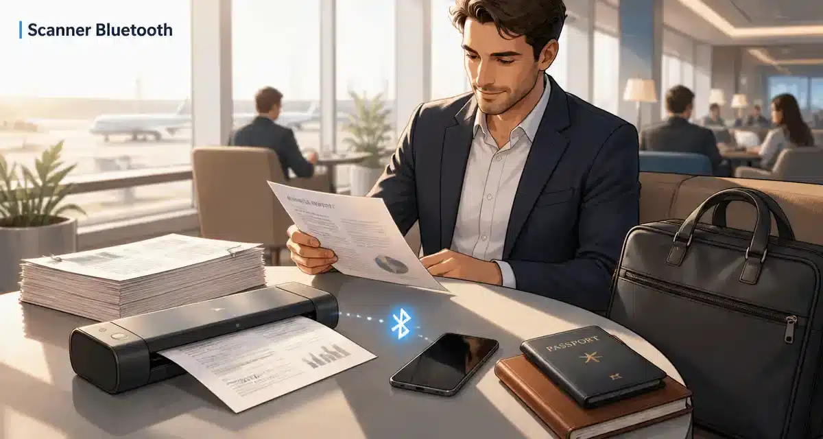 Homme utilisant un scanner Bluetooth à l'aéroport.