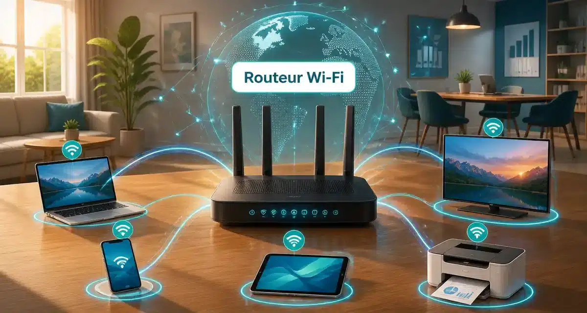 Routeur Wi-Fi connectant divers appareils dans un environnement domestique.