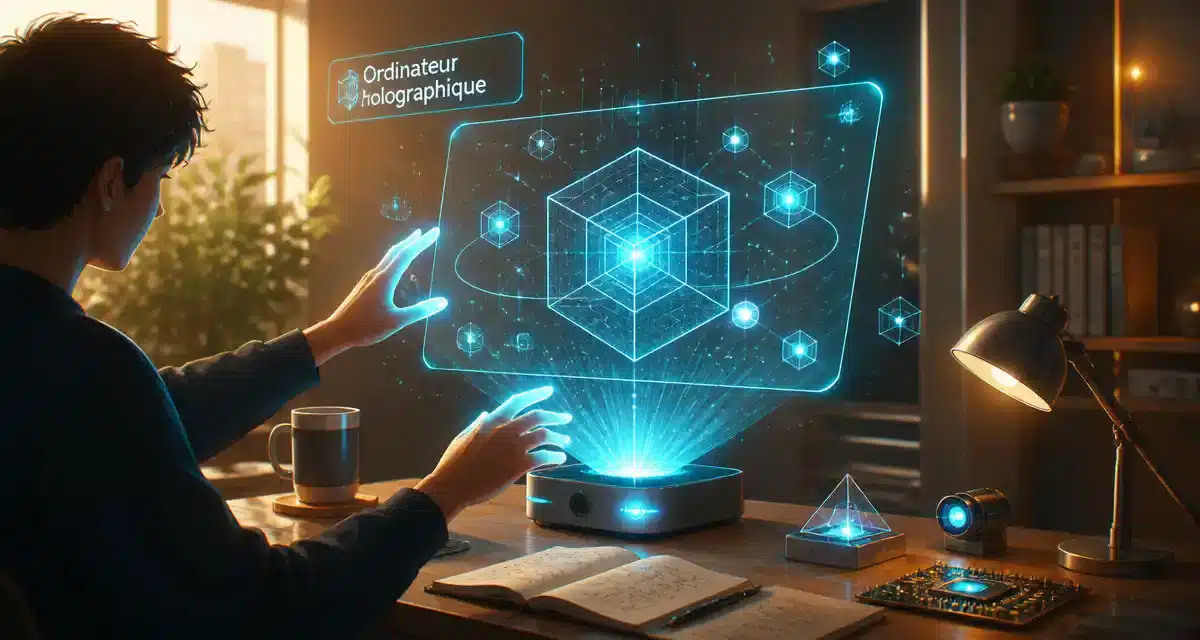 Holographic computer displaying 3D geometric shapes.