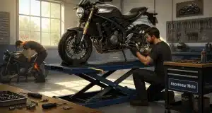 Deux mécaniciens travaillent sur des motos dans un atelier.