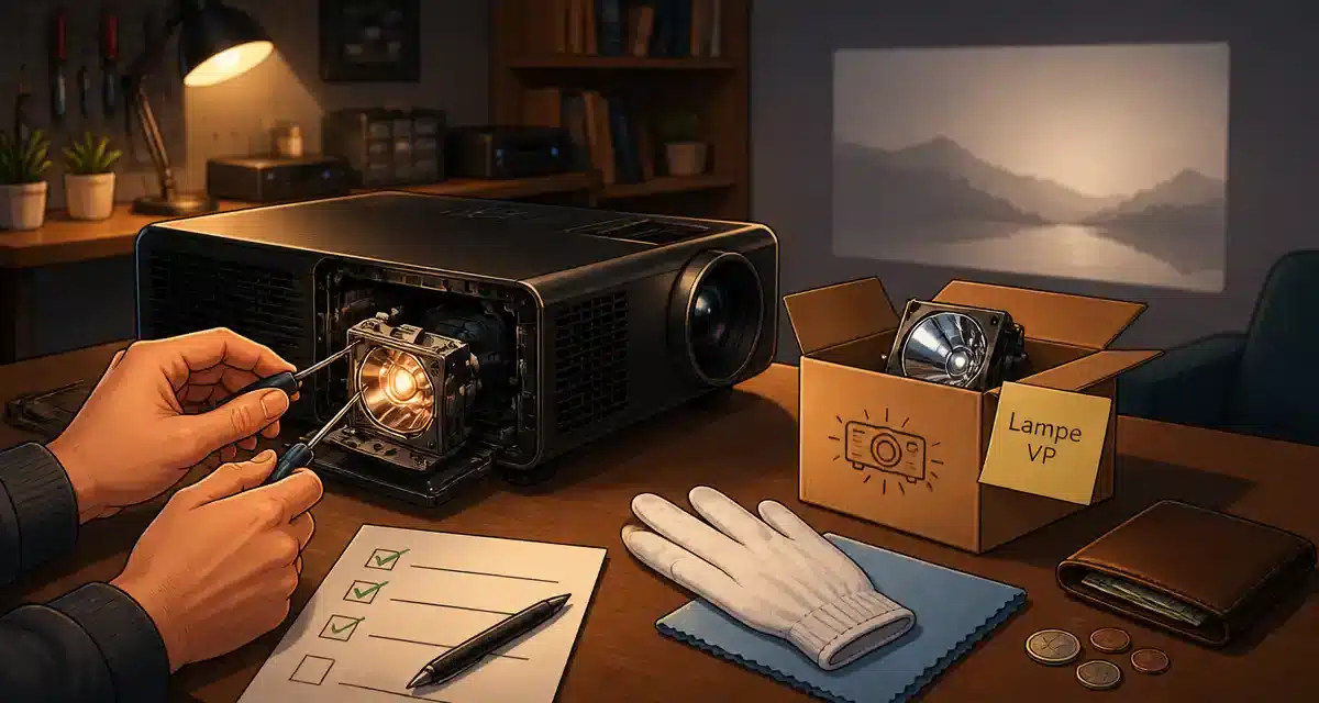 Technicien remplaçant une lampe de projecteur