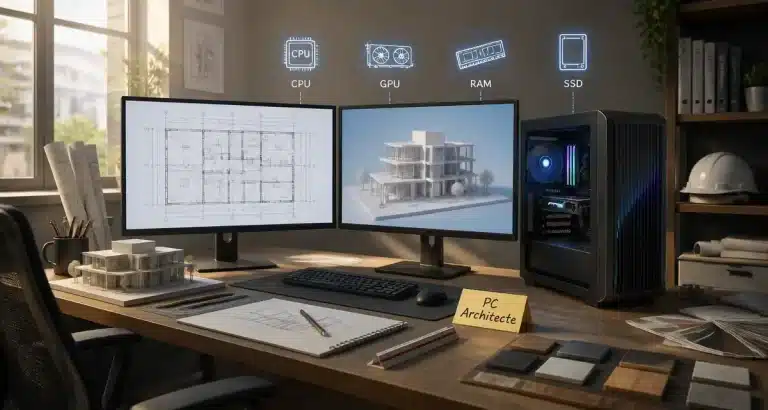 Bureau d'architecte avec ordinateur et plans de construction