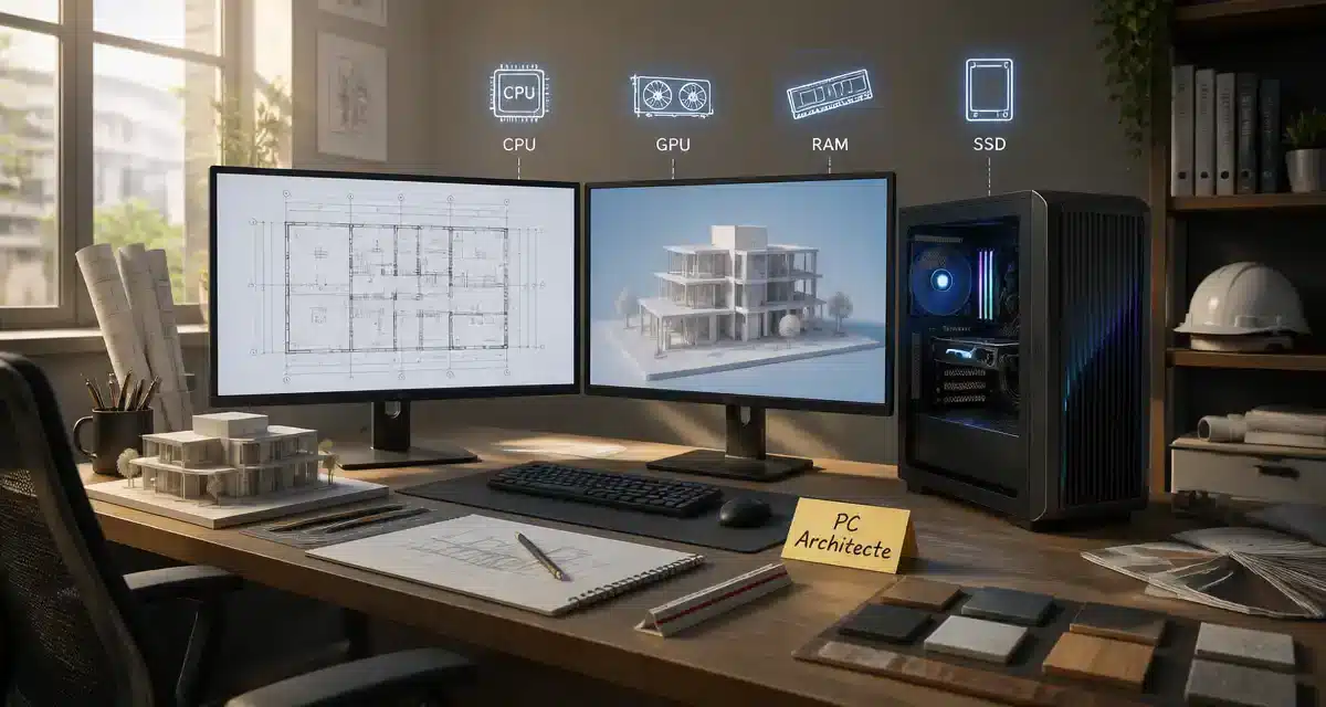 Bureau d'architecte avec ordinateur et plans de construction