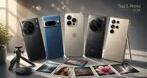 Top 5 smartphones photo 2024 sur une table