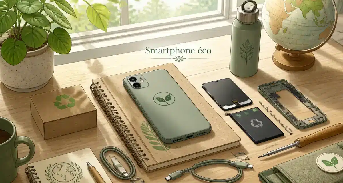 Smartphone éco avec accessoires durables sur bureau