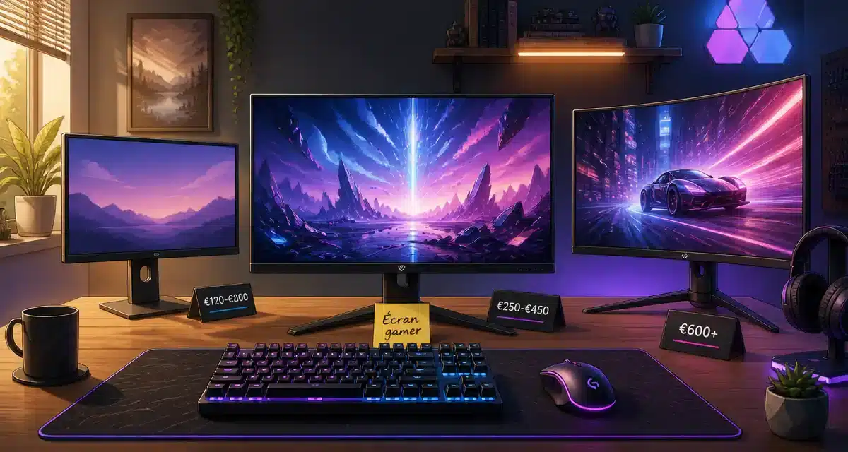 Bureau avec trois écrans et accessoires de gamer