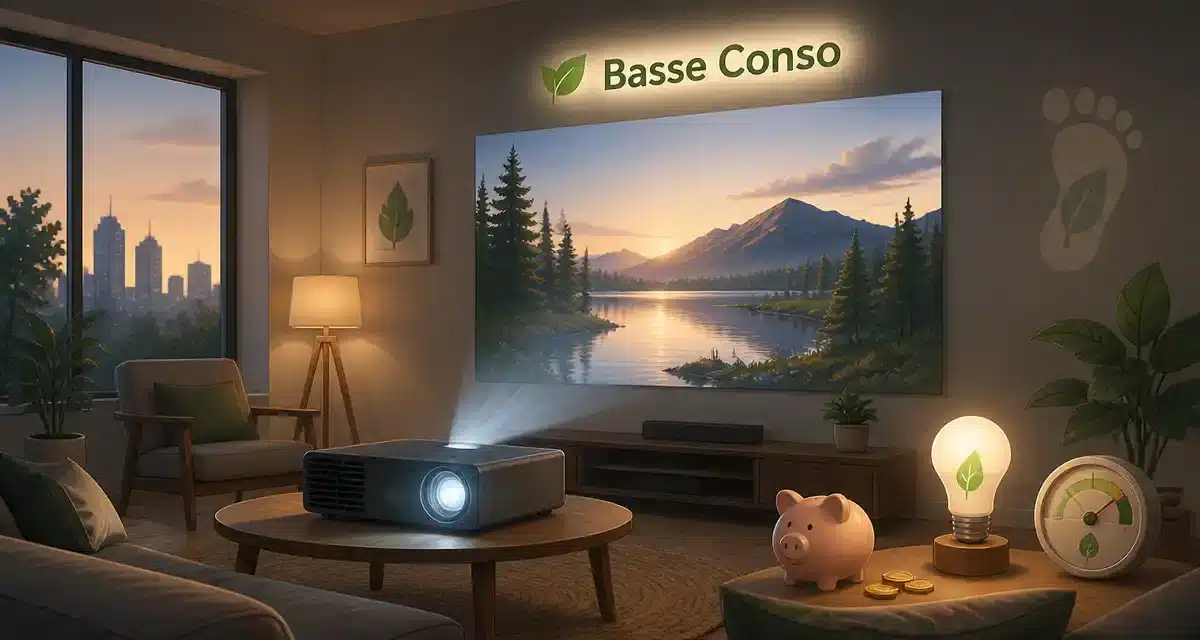 Séjour moderne avec projecteur et paysage naturel.