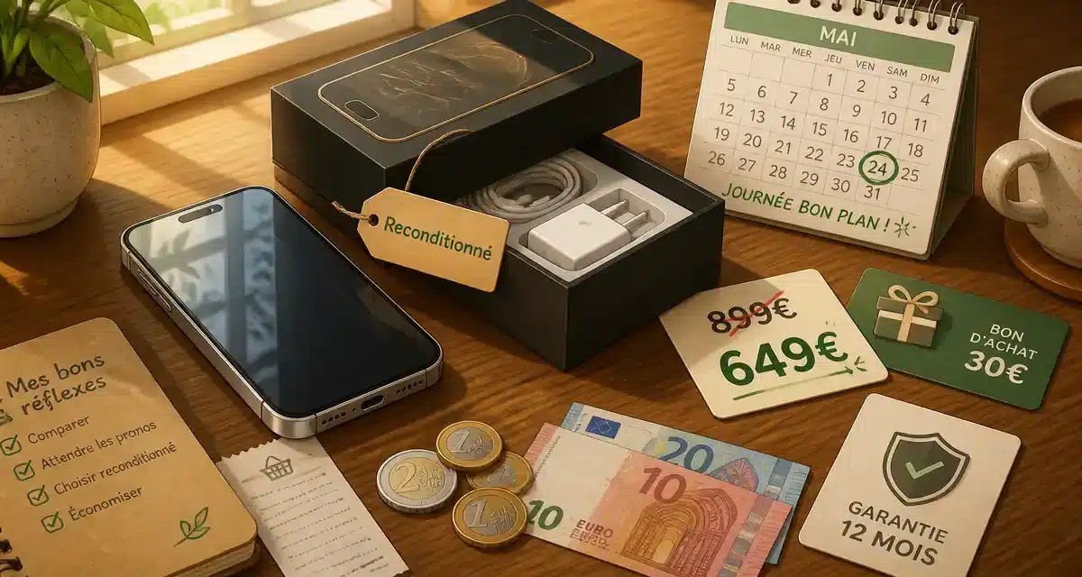 Téléphone reconditionné avec accessoires et offres.