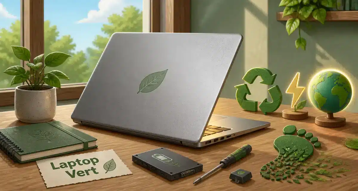 Ordinateur portable vert avec des accessoires écologiques.