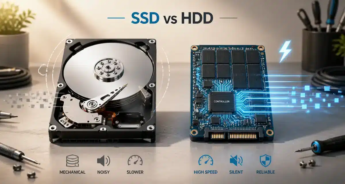 Comparaison entre SSD et HDD pour le stockage.