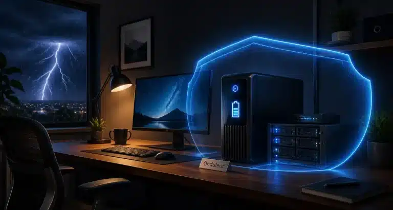 Bureau avec ondulateur pendant un orage nocturne.