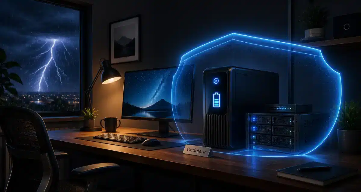Bureau avec ondulateur pendant un orage nocturne.